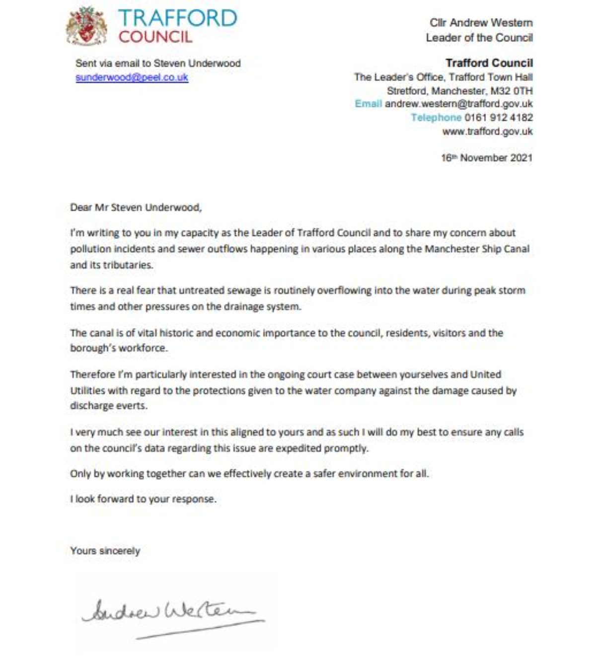 Letter to the Chief Executive of Peel,  Steven Underwood