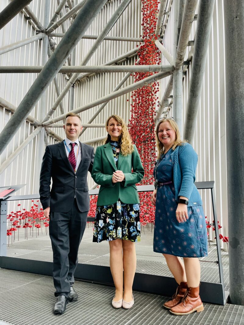Trafford Council leader, Cllr Tom Ross pictured with Deputy leader, Cllr Cath Hynes and IWM Exhibitions Manager Claire Wilson.