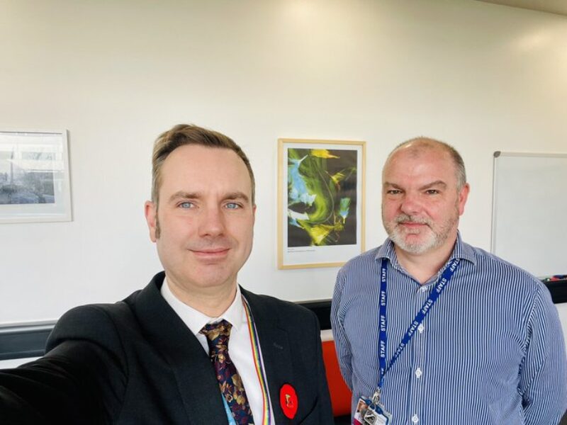 Council leader, Cllr Tom Ross pictured with James Scott at Trafford College, Altrincham Campus.  