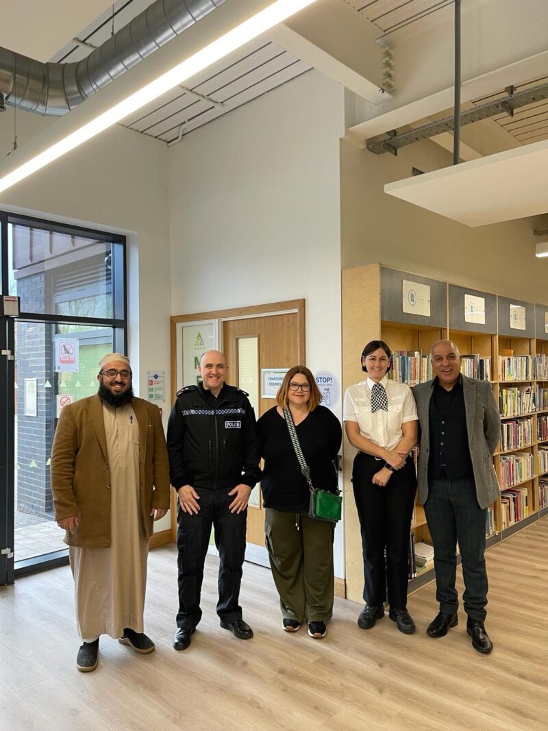 from left, Amnar Salim with a Trafford Community Police officer, Cllr Emma Hirst, Police Superintendent Collette Rose and Cllr Waseem Hassan.  