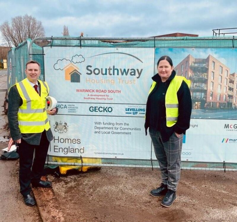 Cllrs Tom Ross and Liz Patel visiting Warwick Road South, Old Trafford to see  to see the affordable housing scheme development. 